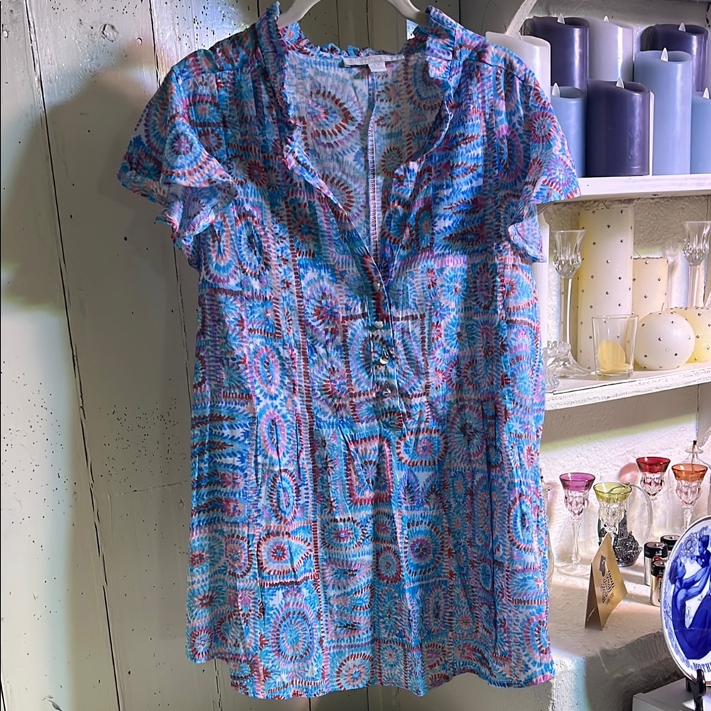 Blue Graphic Relaxed Blouse with Polo Collar